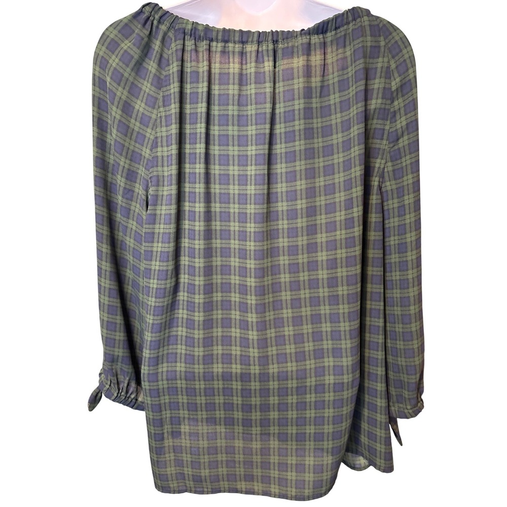 Talbots Womens Green Blue Plaid Off Shoulder Blouse Sz L Career Lightweight - Picture 2 of 10